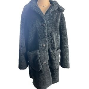VTG JOHN CARUANA Black Teddy Bear Fleece Coat  L Button Front Pockets Collar USA